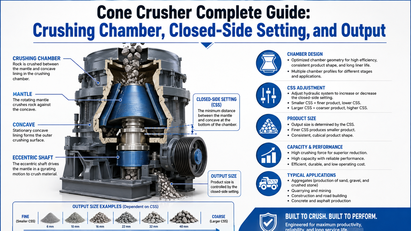 1. Cone Crusher Complete Guide: Crushing Chamber, Closed-Side Setting, and Output Infographic for 1. Cone Crusher Complete Guide: Crushing Chamber, Closed-Side Setting, and Output